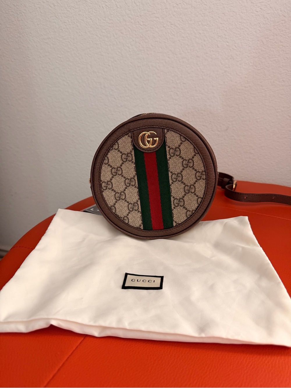 Gucci Beige Monogram Round Crossbody with Green-Red Stripe - Like New